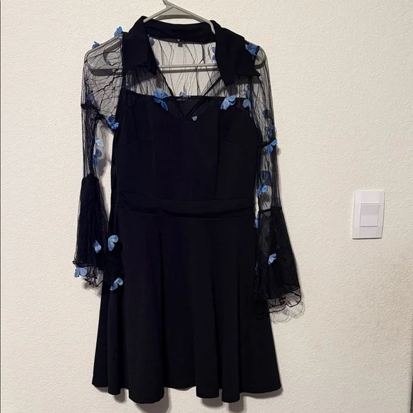 ROMWE Black Dress long sleeves with blue butterflies - Picture 2 of 8